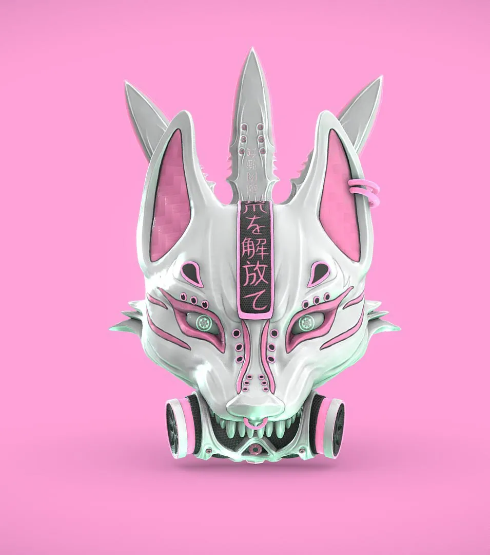Cyberpunk Kitsune Mask and Kunai