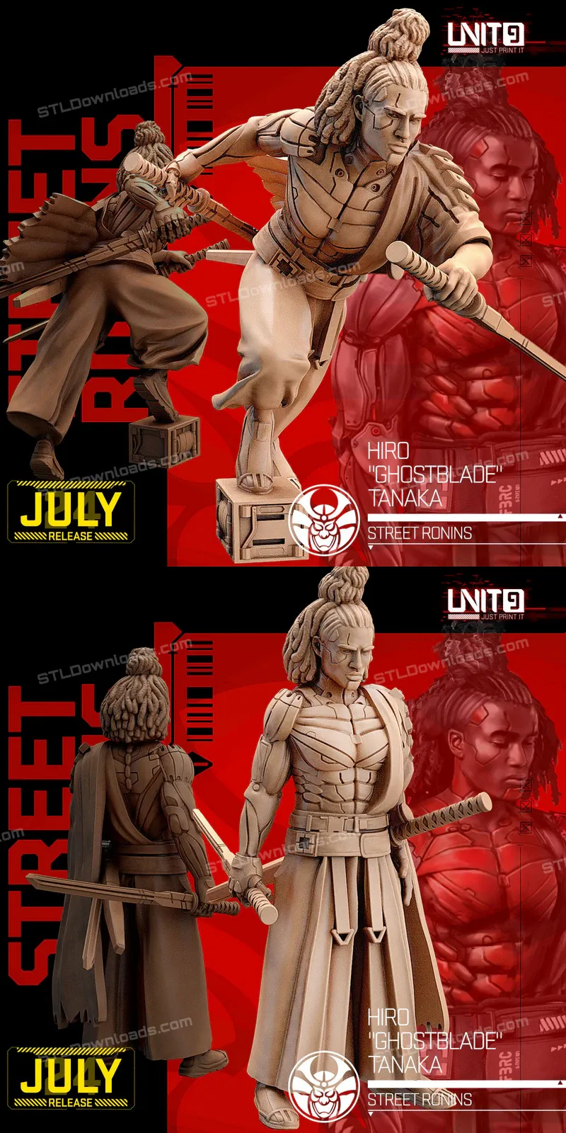 Hiro Ghostblade Tanaka (Street Ronins) STL render Unit9 Cyberpunk – Hiro Ghostblade Tanaka – Street Ronins