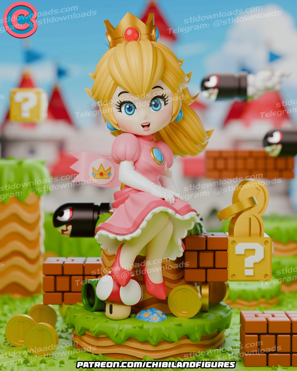 Princess Peach Chibi (Super Mario) STL model for 3D printing