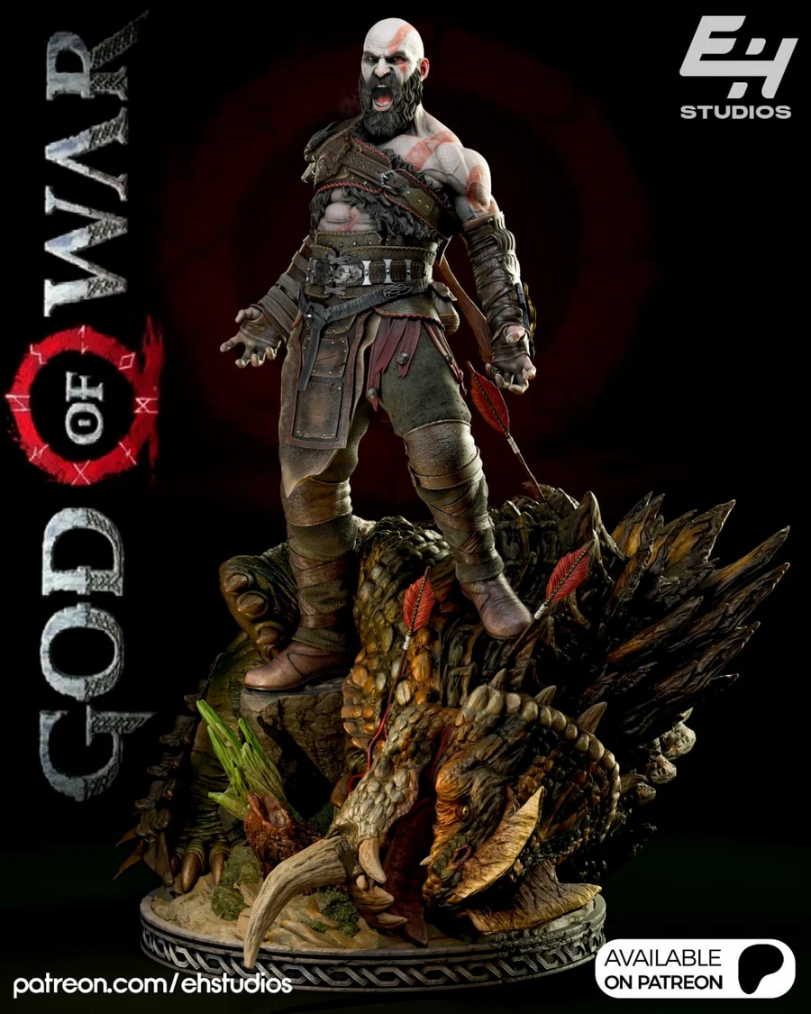 Kratos from God of War standing atop a slain monster, by EH Studios. Available on Patreon
