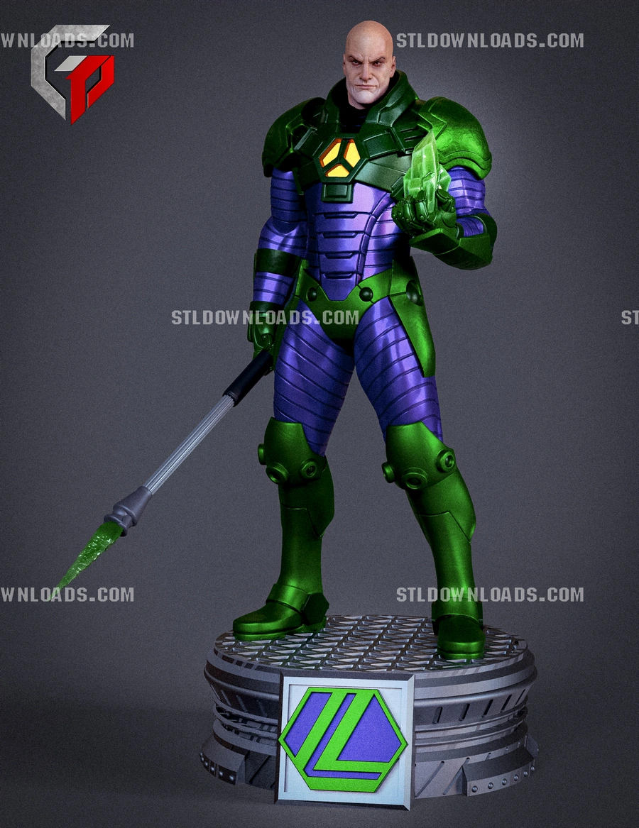 Lex Luthor in a green and purple power suit, holding a Kryptonite shard and a spear, standing on a base with an L logo