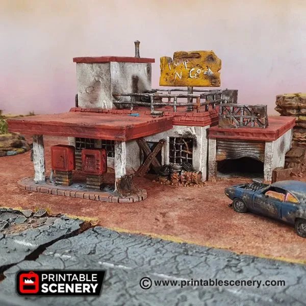 Wasteworld Derelict Gas Station — Sci-Fi / Post-Apocalypse STL render Wasteworld Derelict Gas Station — Sci-Fi / Post-Apocalypse 3D printable STL model