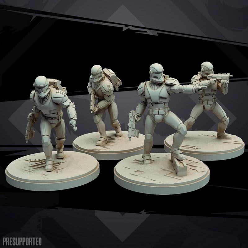 Four armored 187th Legion Vanguard Star Wars figures on round display bases