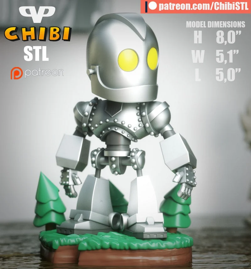 Chibi Iron Giant figurine with yellow eyes on a tree-lined display base