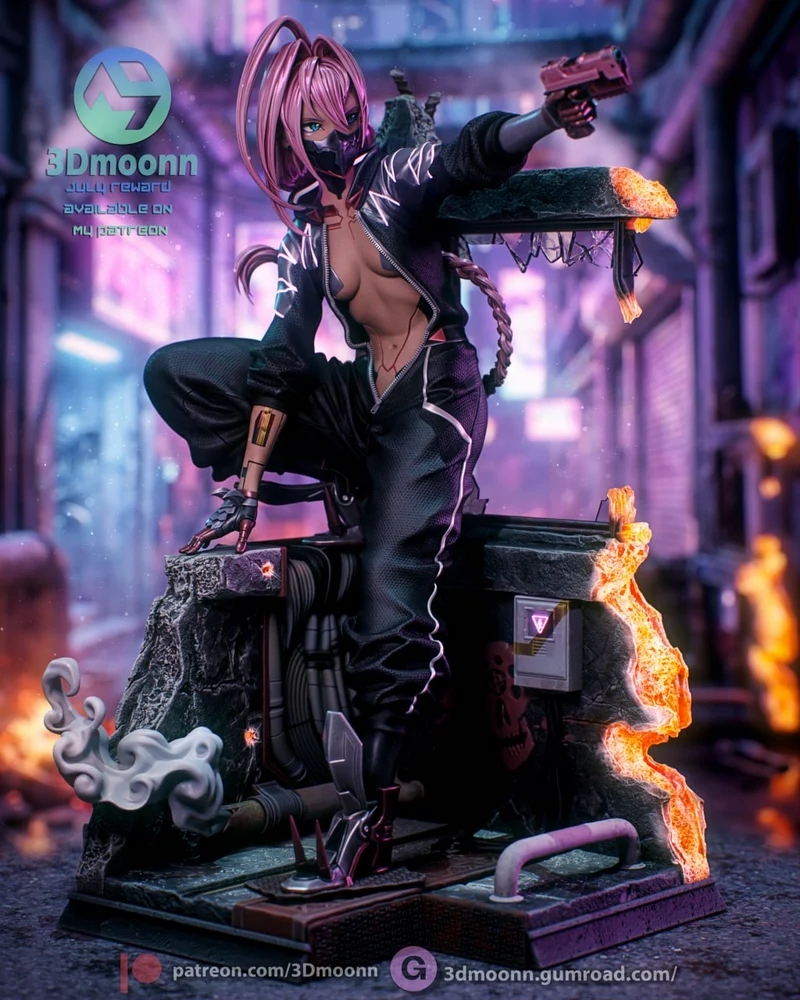 Talia Yang cyberpunk character statue with pink hair, pistol and diorama base