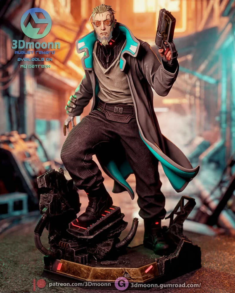 Weak Kingsley character figure with pistol and teal-trimmed coat on a sci-fi base