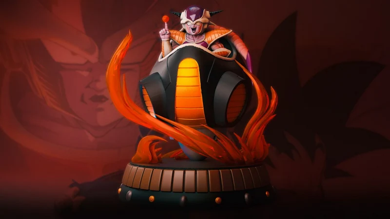 Frieza seated in an orange-accented spherical pod on a circular display base