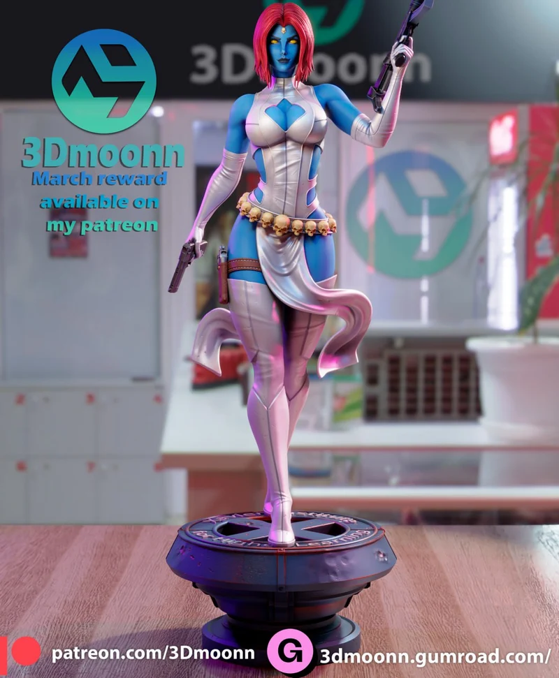 Mystique Marvel 3D figure with blue skin, red hair, white costume, pistols, and display base
