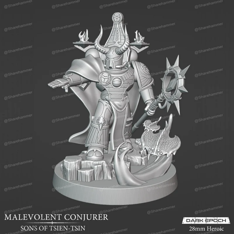 Malevolent Conjurer Warhammer 40,000 miniature with horns, armour, spiked weapon and serpentine creature