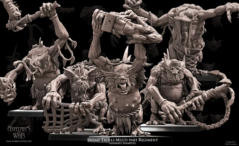 Swamp troll multi-part regiment of horned fantasy miniatures with weapons and scenic bases