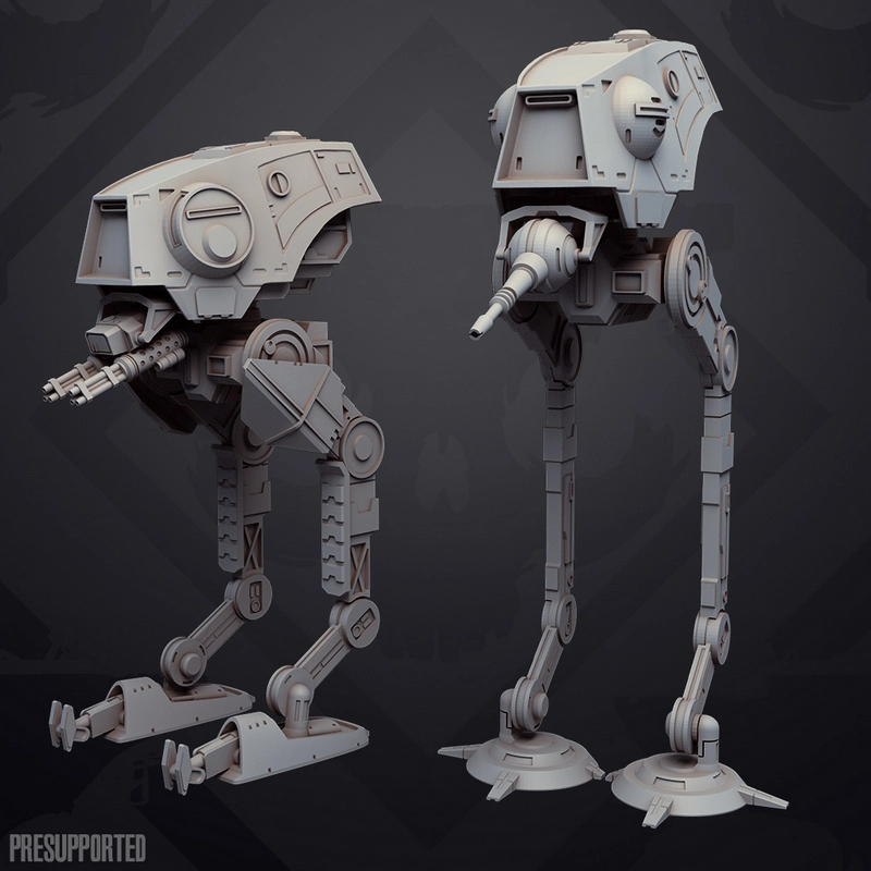 Star Wars AT-DP walker 3D model with angular armor, long legs, foot plates, and forward cannons