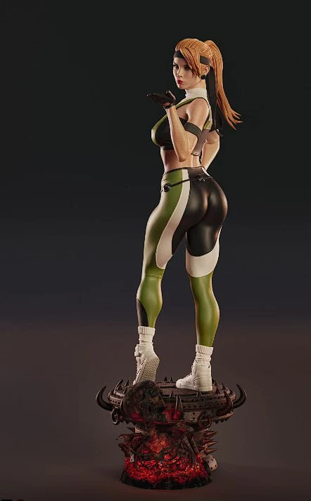Sonya Blade Mortal Kombat 3D model in a black and green outfit on a spiked demonic base