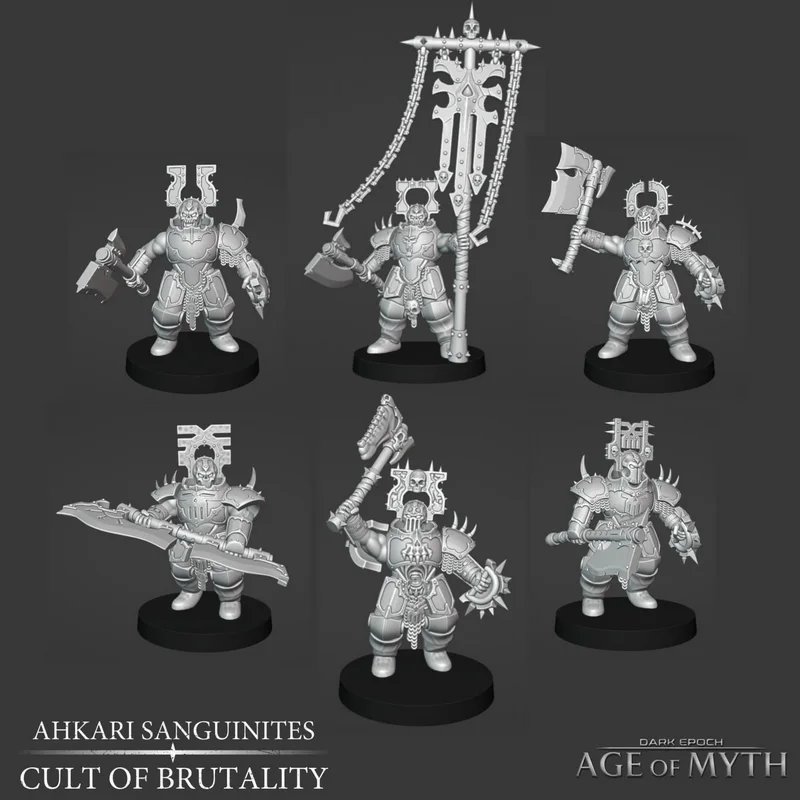 Six Ahkari Sanguinites Warhammer 40,000 armored miniatures with weapons and a central banner