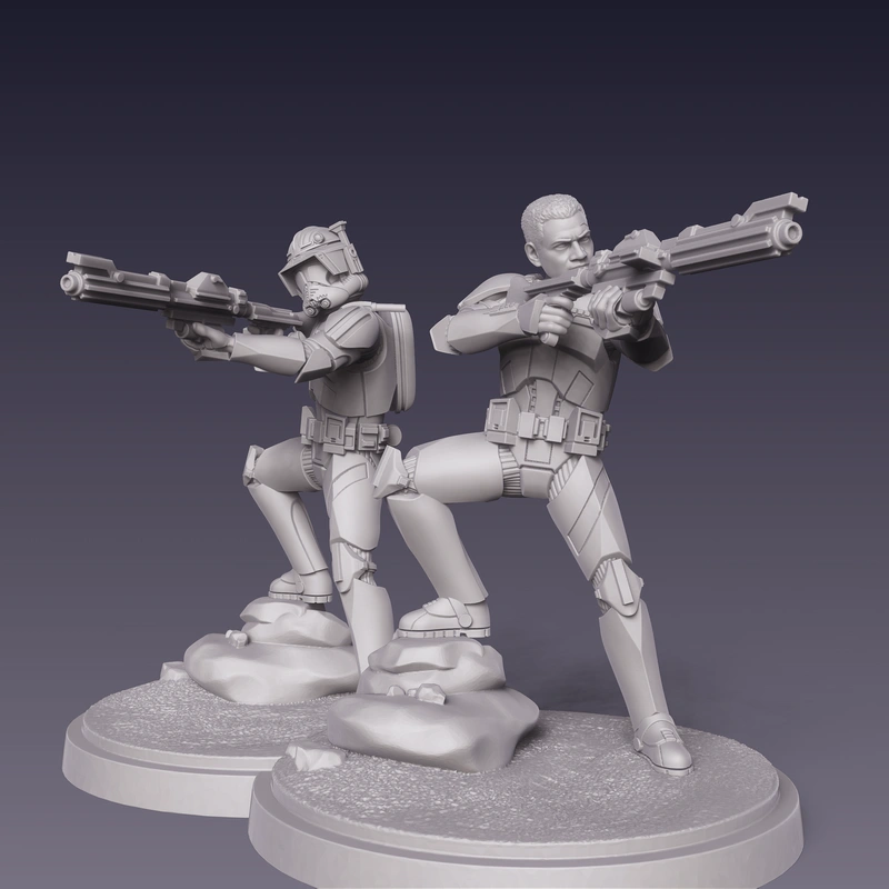Two Star Wars-style soldiers aiming rifles on rocky circular display bases