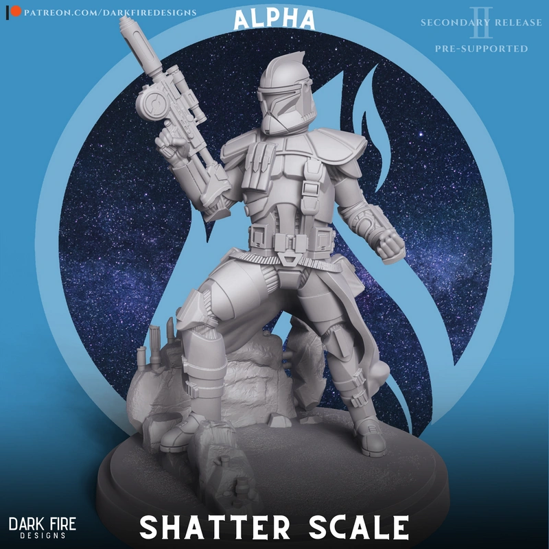 Alpha-17 Star Wars clone trooper statue with blaster on a rocky base