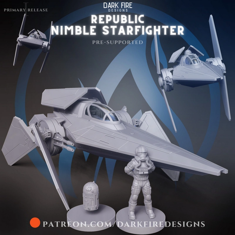 Alpha-3 Nimbus-class V-Wing starfighter 3D model with pilot and astromech display figures