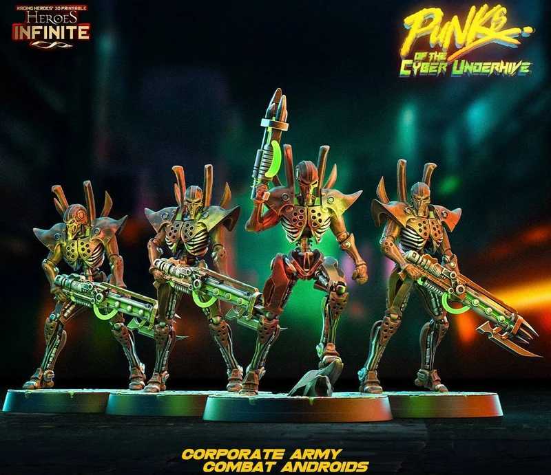 Four armored combat android miniatures with futuristic weapons on round bases
