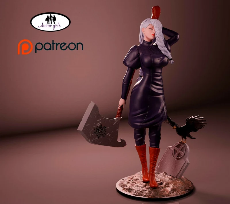 Mei Mei from Jujutsu Kaisen with an axe, crow, and gravestone base
