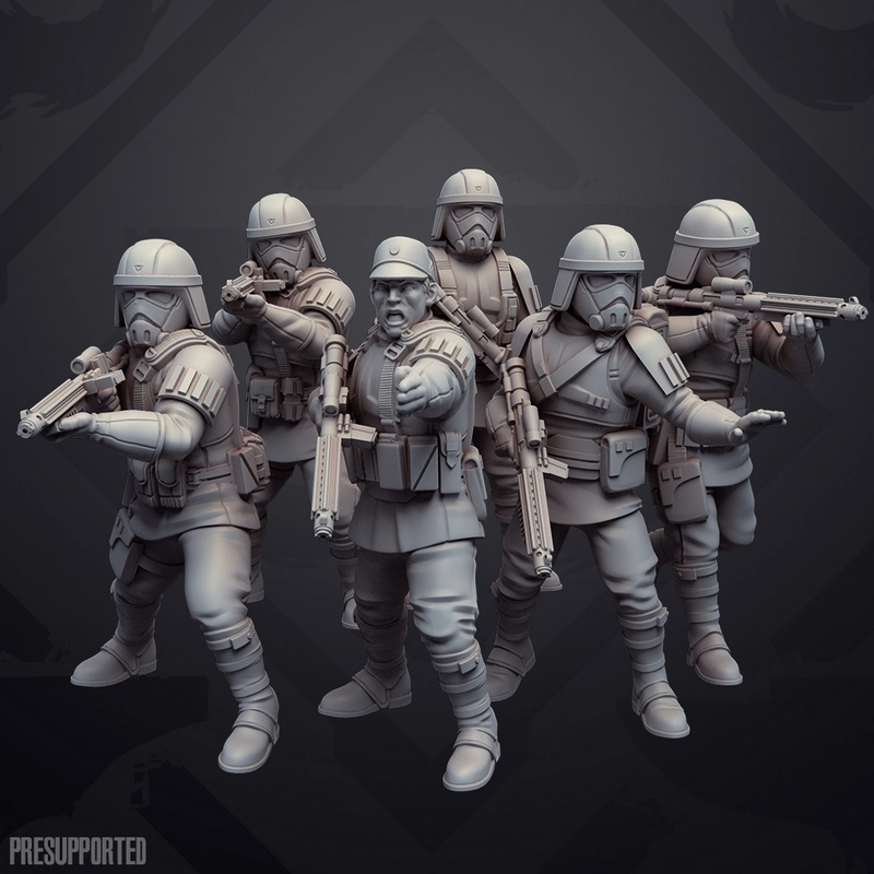 Five Star Wars armored engineer figures with helmets, blasters, and a central officer