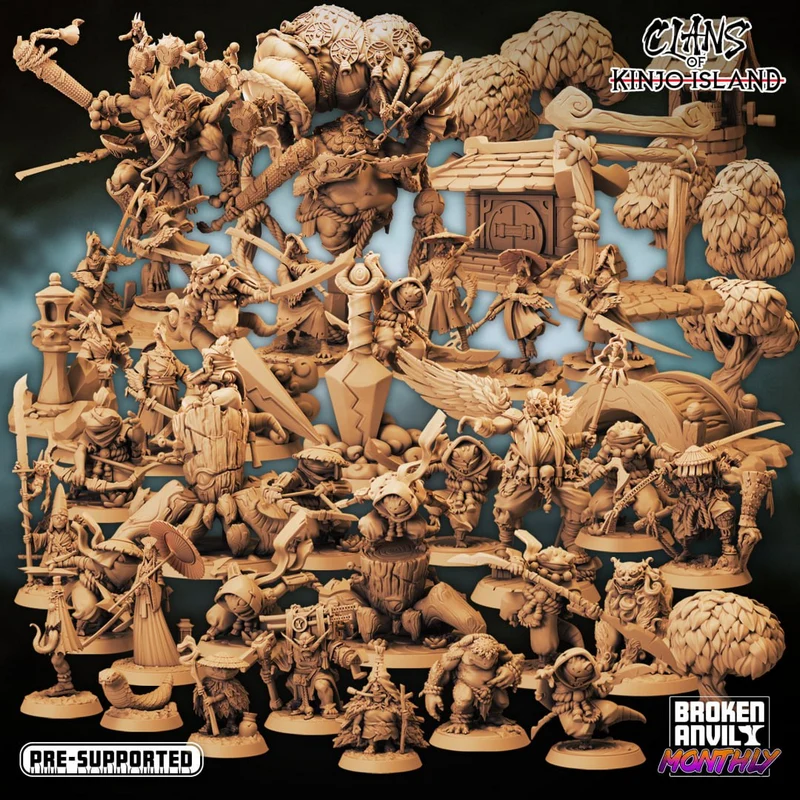 Fantasy tabletop miniatures, creatures, boats, huts, and scenery from Clans of Kinjo Island