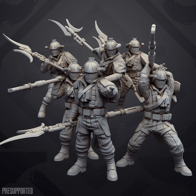 Six armored Star Wars raiders carrying polearms and blaster-style weapons