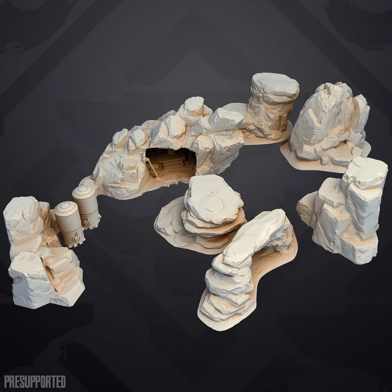 Star Wars Badlands Hideout STL with rocky cave terrain and sci-fi containers