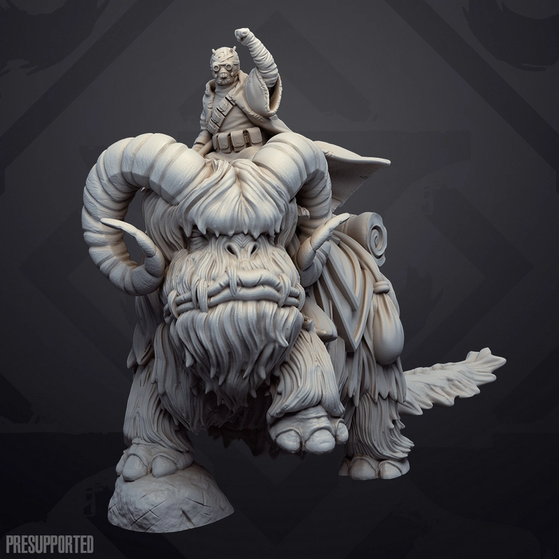 Star Wars Bantha with a seated rider, horns, tusks, fur, and saddle gear