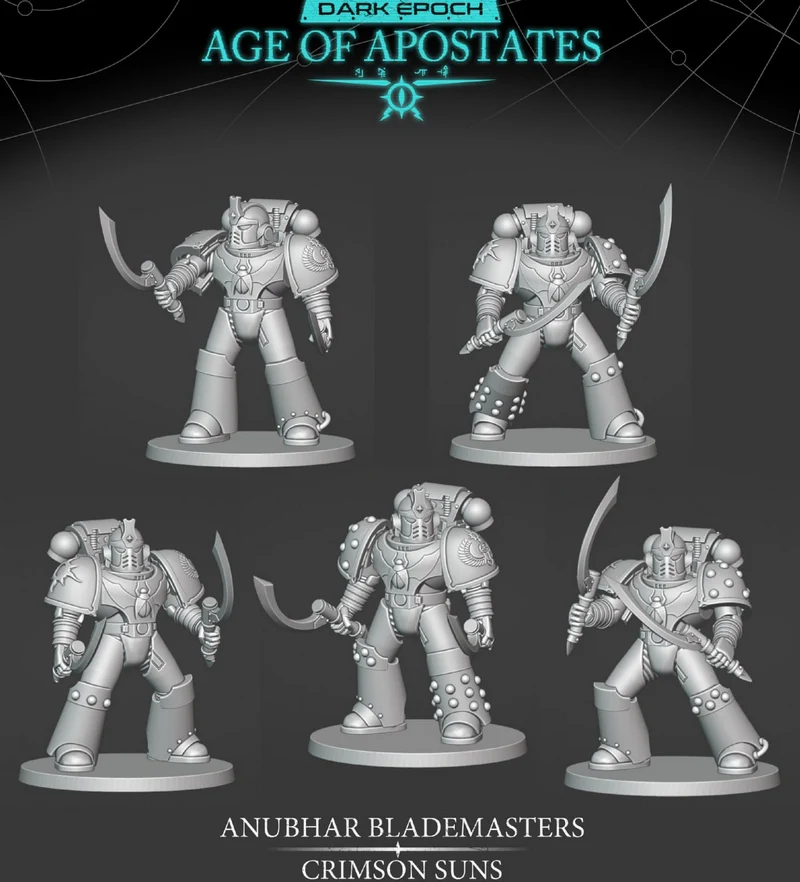 Five armored Blademaster Khenetai science-fiction miniatures with curved swords
