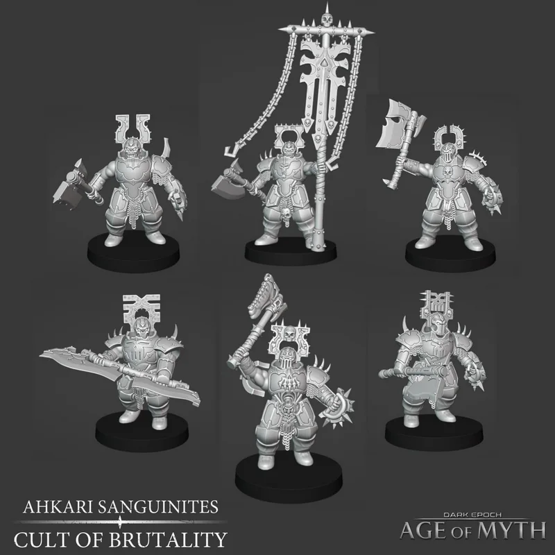 Six armored fantasy warrior miniatures with oversized weapons on round bases