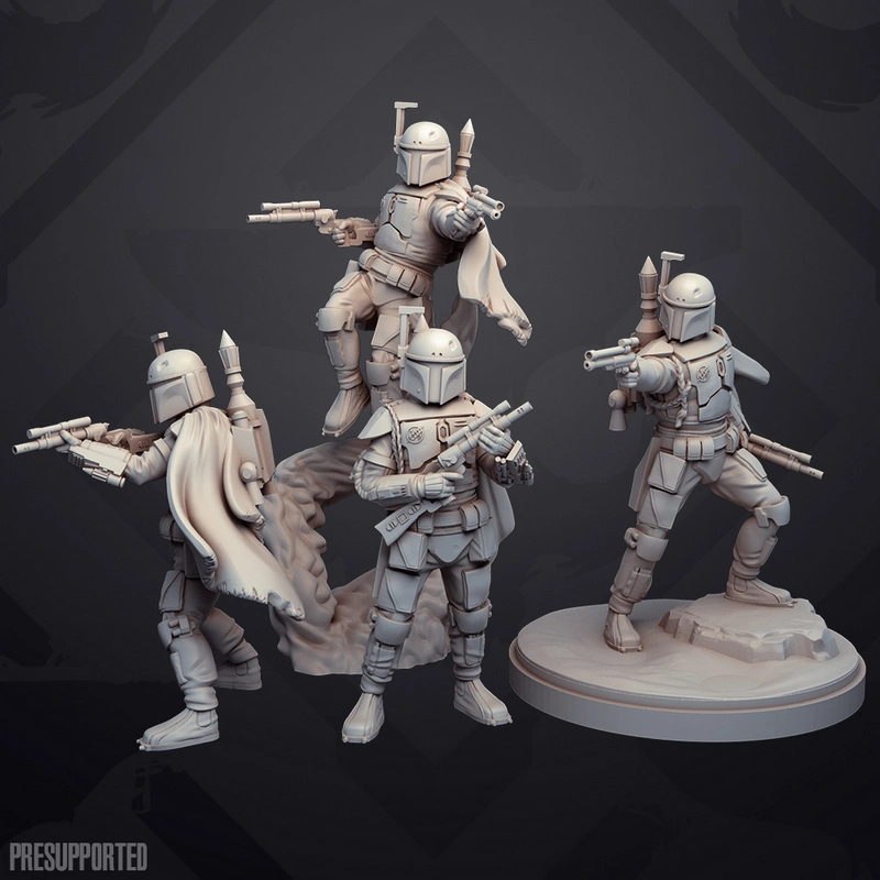 Boba Fett Star Wars armored figurine poses with blasters and jetpacks