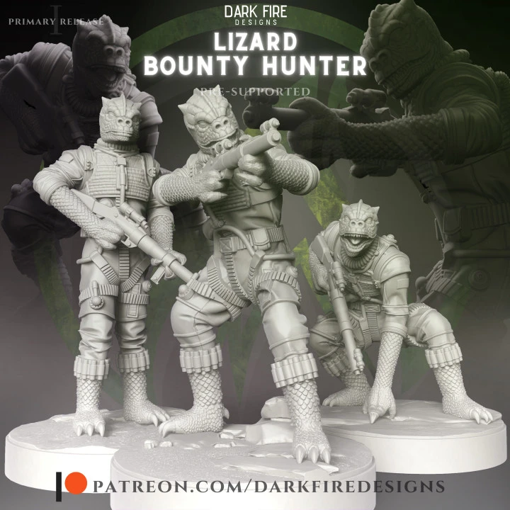 Bossk Star Wars lizard bounty hunter figure with blaster on a display base