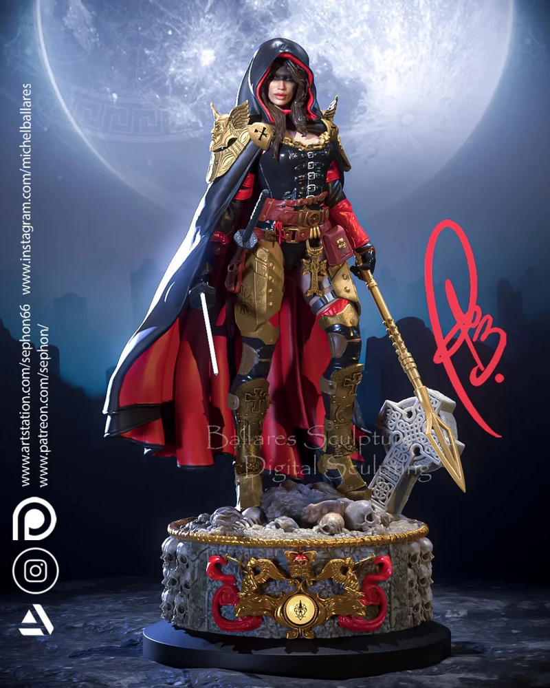Magdalena fantasy warrior statue with hood, armor, weapons, and ornate base