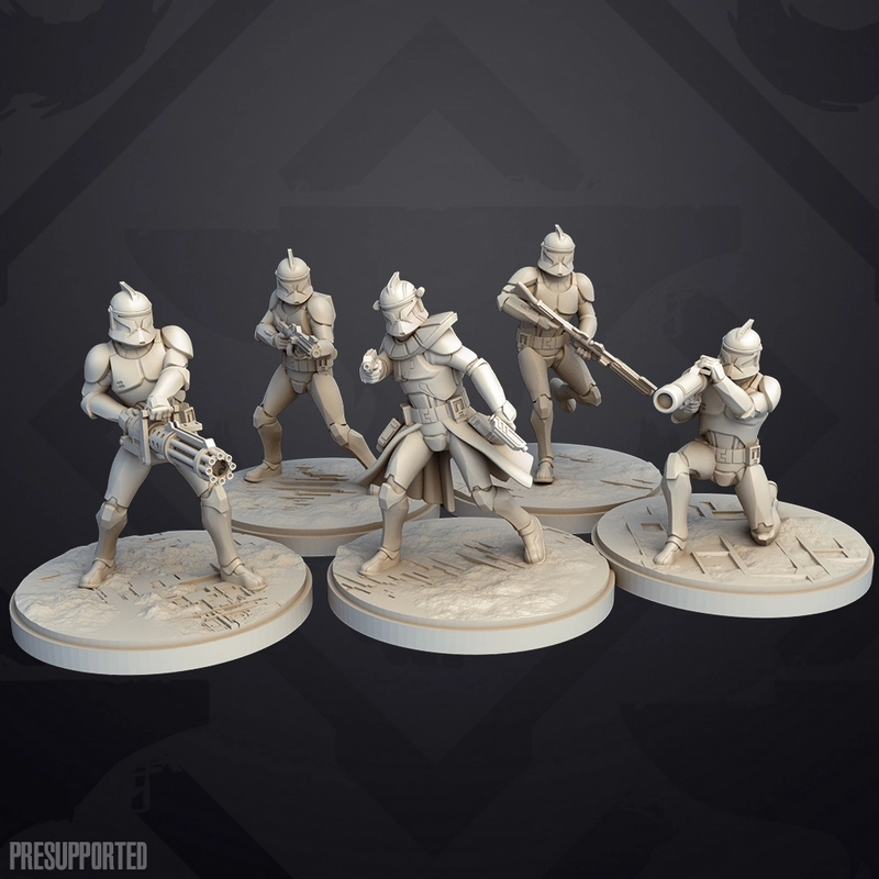 Five Star Wars Phase 1 clone trooper figures with weapons on round display bases