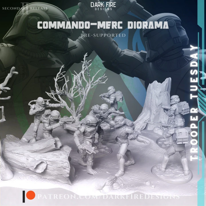 Star Wars commando diorama with armored figures on a rocky woodland base