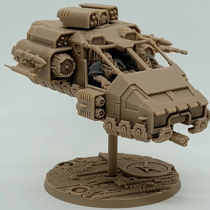 Detailed armored anti-grav landspeeder with cockpit, turbines, and display base