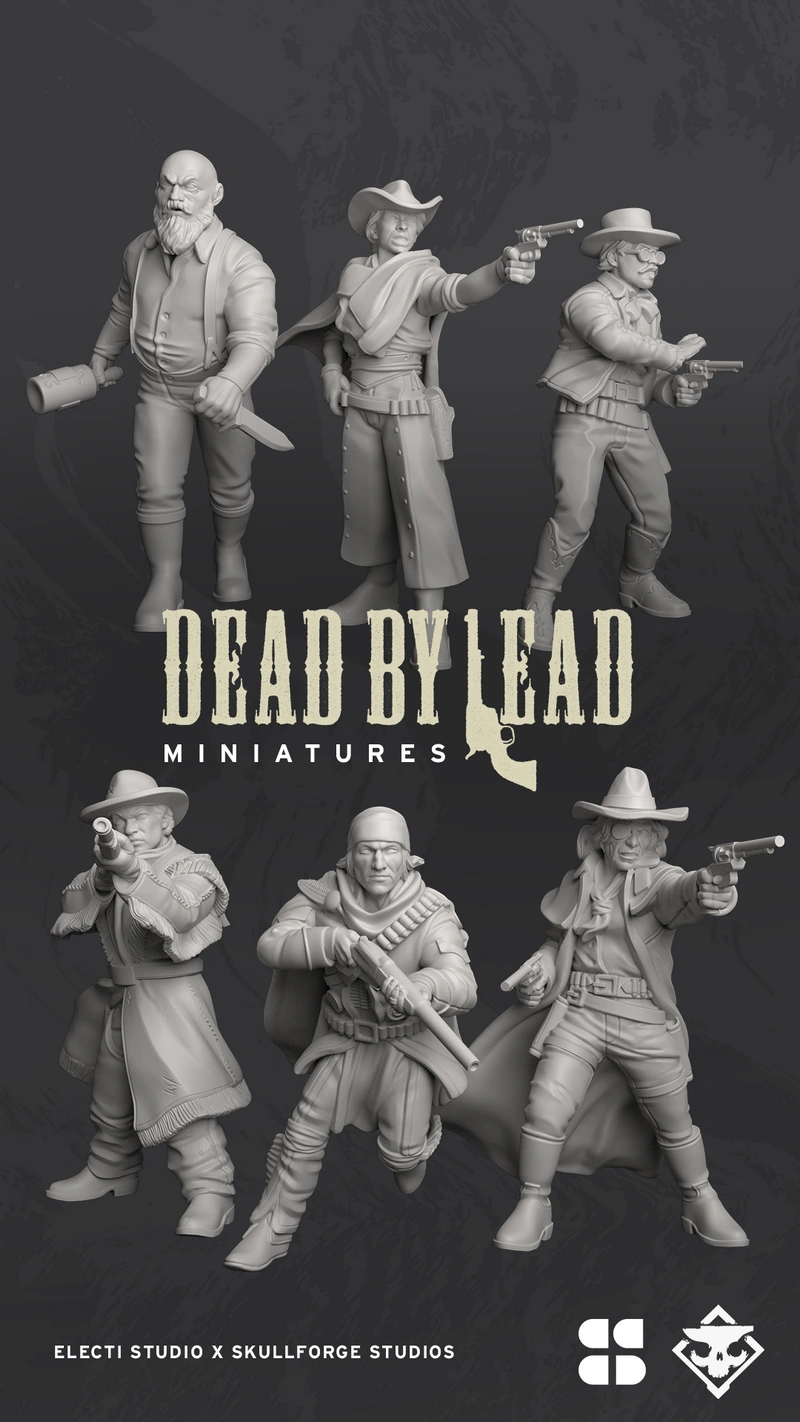 Six western-style tabletop miniature figures with hats, coats, and guns