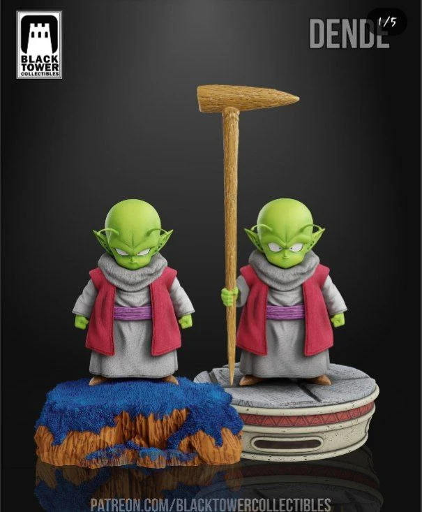 Dende Dragon Ball fan art figures with robes, staff, and decorative display bases