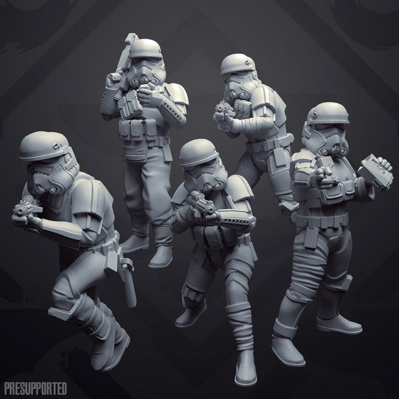 Five Star Wars desert trooper figures in helmets and armor, posed with blaster-style weapons