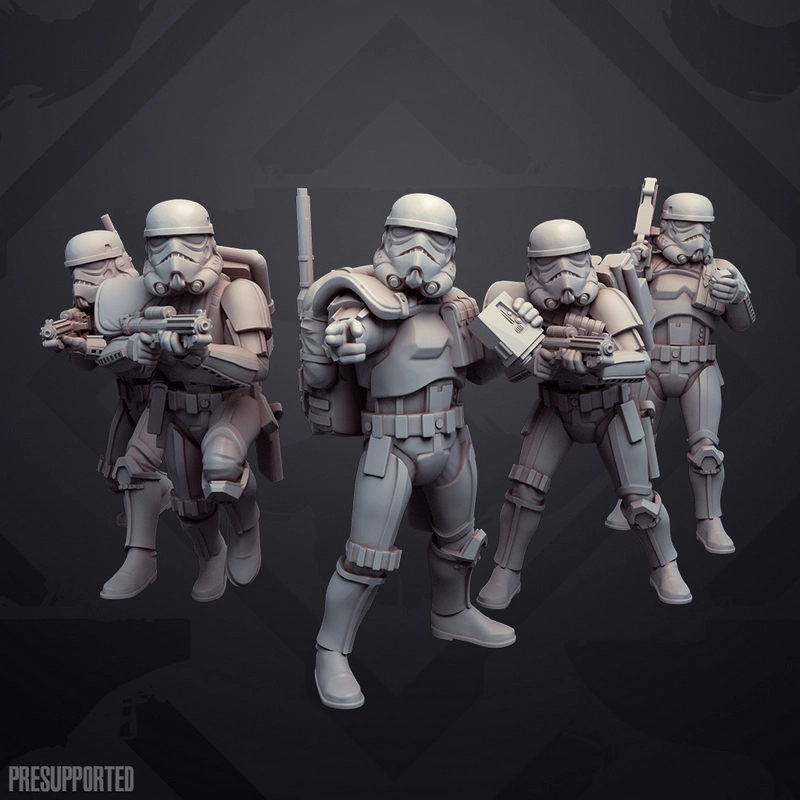 Four Star Wars desert troopers in detailed armor with blasters and equipment
