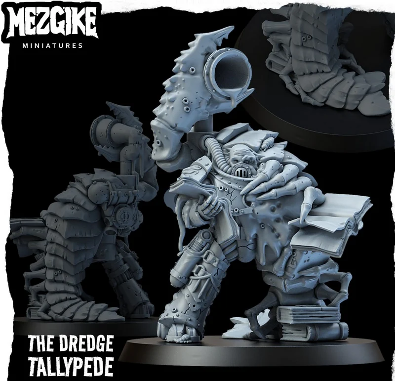 Dredgepede creature miniature with layered armor, limbs, and a round display base