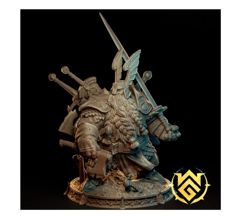 Durth the Collector fantasy character statue with armor, beard, weapons, and display base