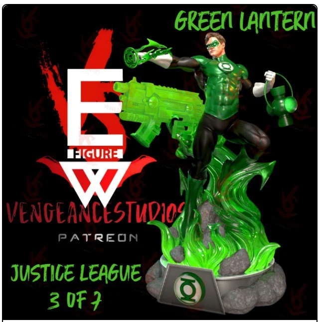 Green Lantern statue with energy effects, weapon, lantern and rocky display base