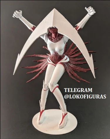Humanlike Elesh Norn figure with white armor, red details, and raised arms