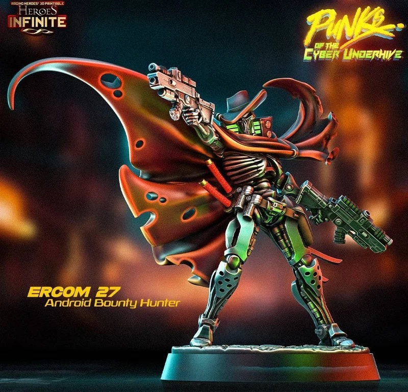 Android bounty hunter figure with flowing cloak, firearms, and display base