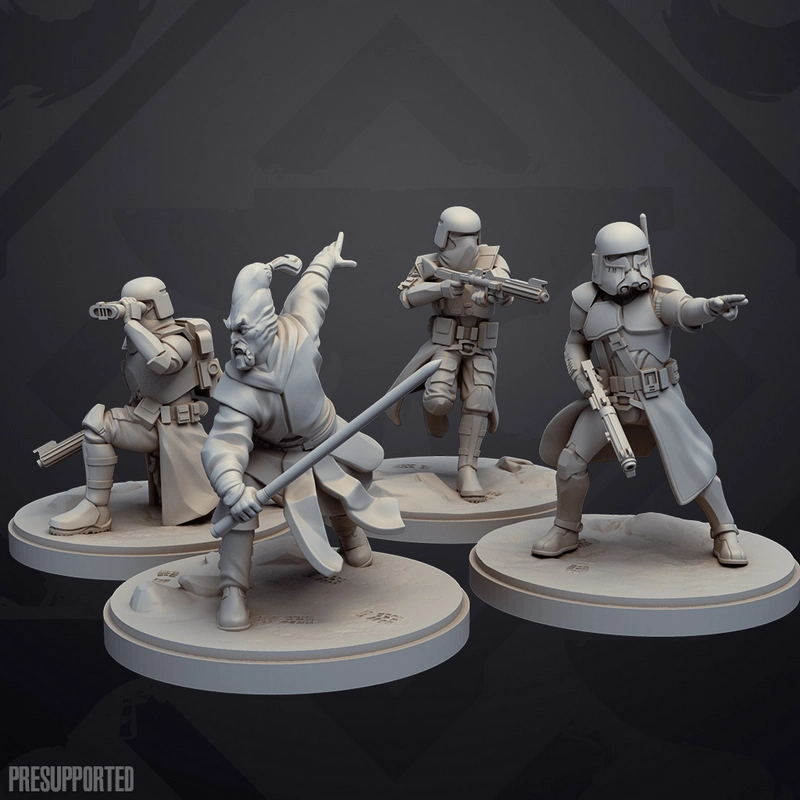 Star Wars extraction trooper squad and alien leader 3D model on display bases
