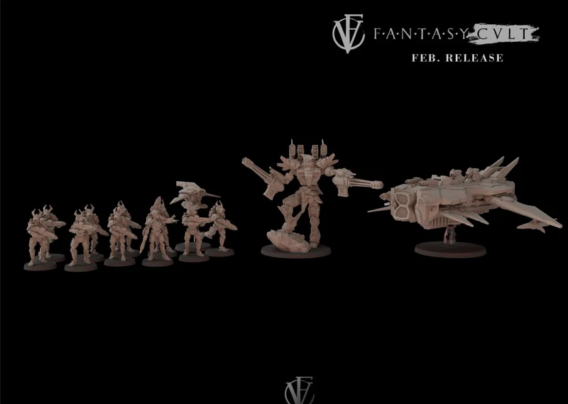 Fantasy Cult sci-fi miniature set with armored figures, a large mech, and a futuristic spacecraft