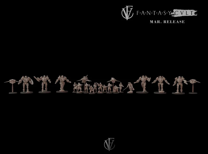 Fantasy Cult March 2024 lineup of varied fantasy tabletop miniatures on round bases