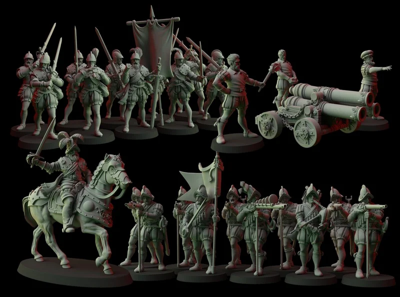 Armored fantasy soldiers, cavalry, cannons, and banners on miniature bases