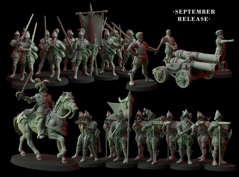 Fantasy army miniatures with armored soldiers, cavalry, banners, and field cannons