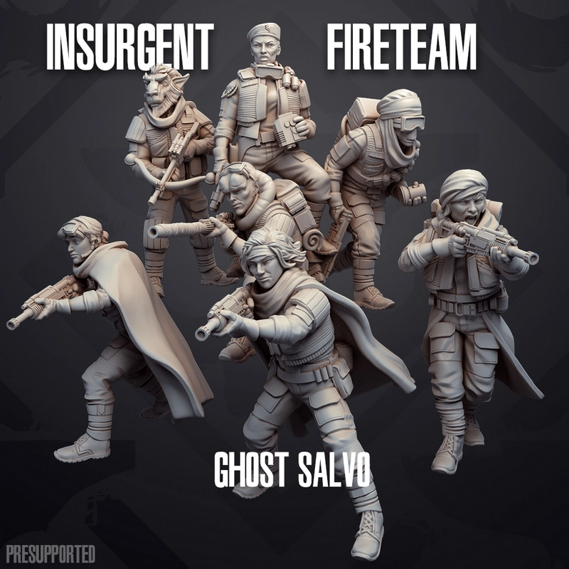 Seven Star Wars-themed sci-fi fire team miniatures with armor, scarves, and blaster-style weapons